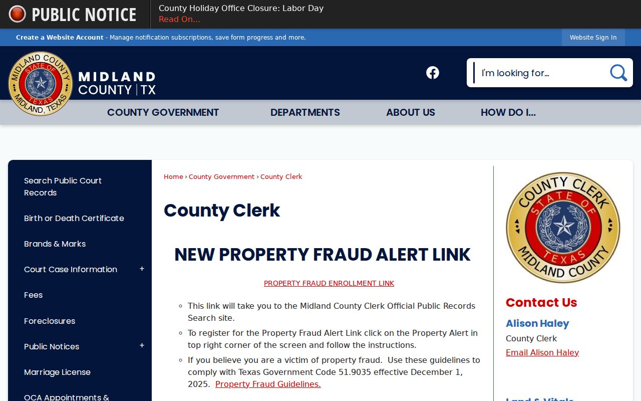 Midland residents directory County Clerk official records access