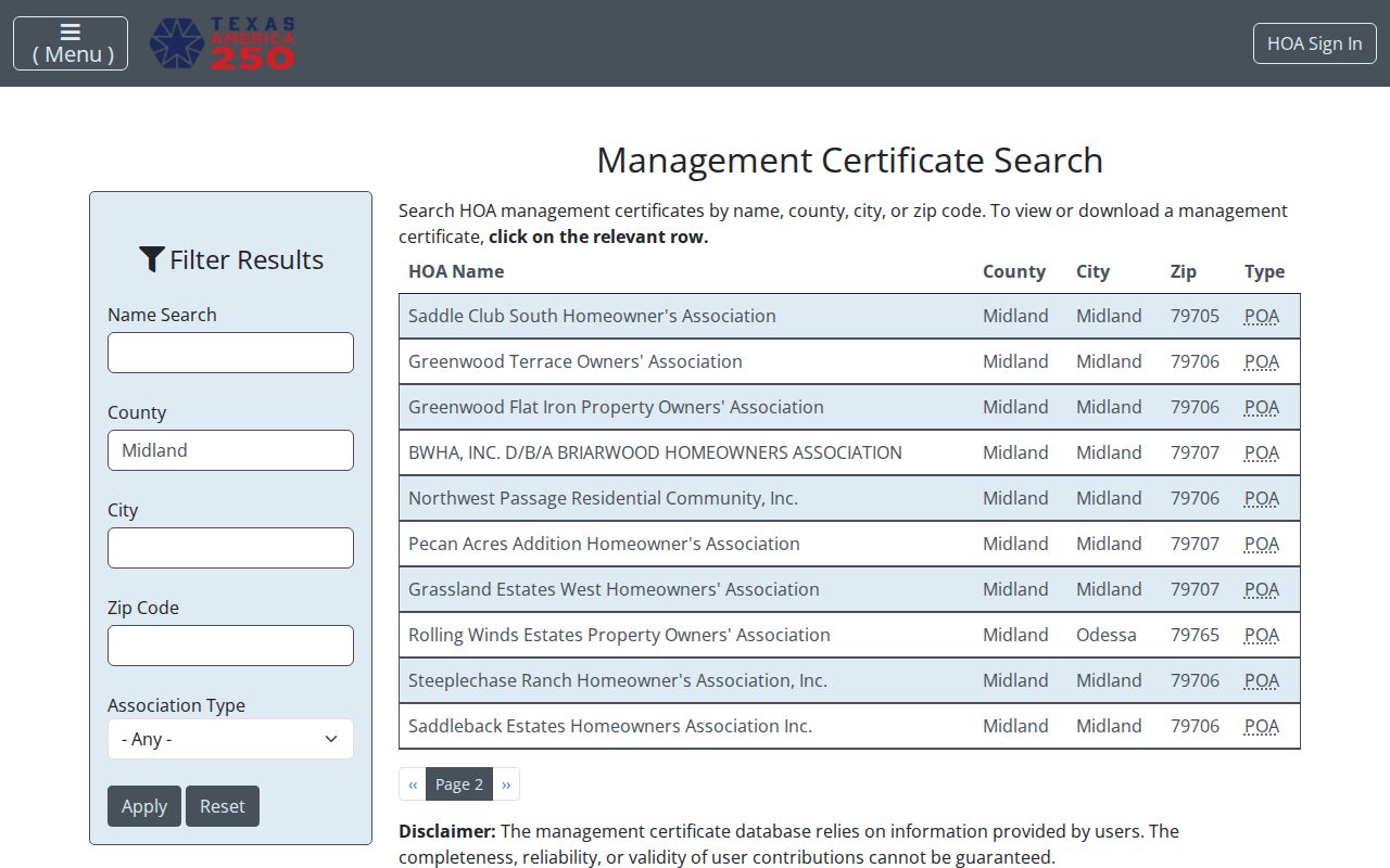 Midland neighbors research using the Texas HOA management certificate search