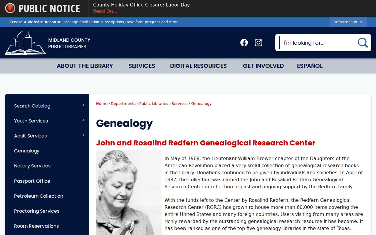 Midland previous residents reference for the Redfern Genealogical Research Center