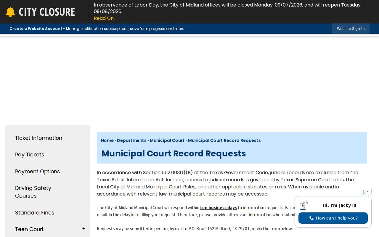 Midland resident lookup through the Municipal Court record request form