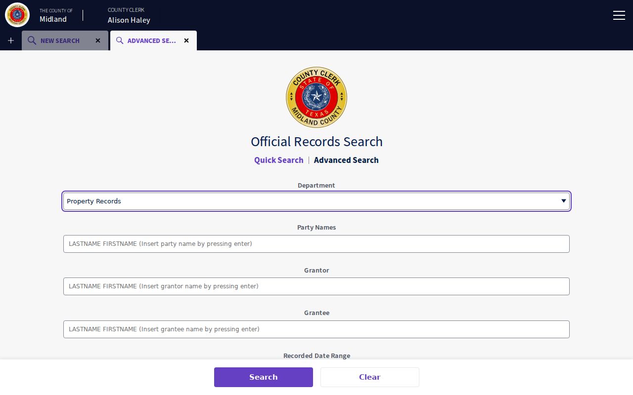 Midland street directory reference showing Official Records Advanced Search